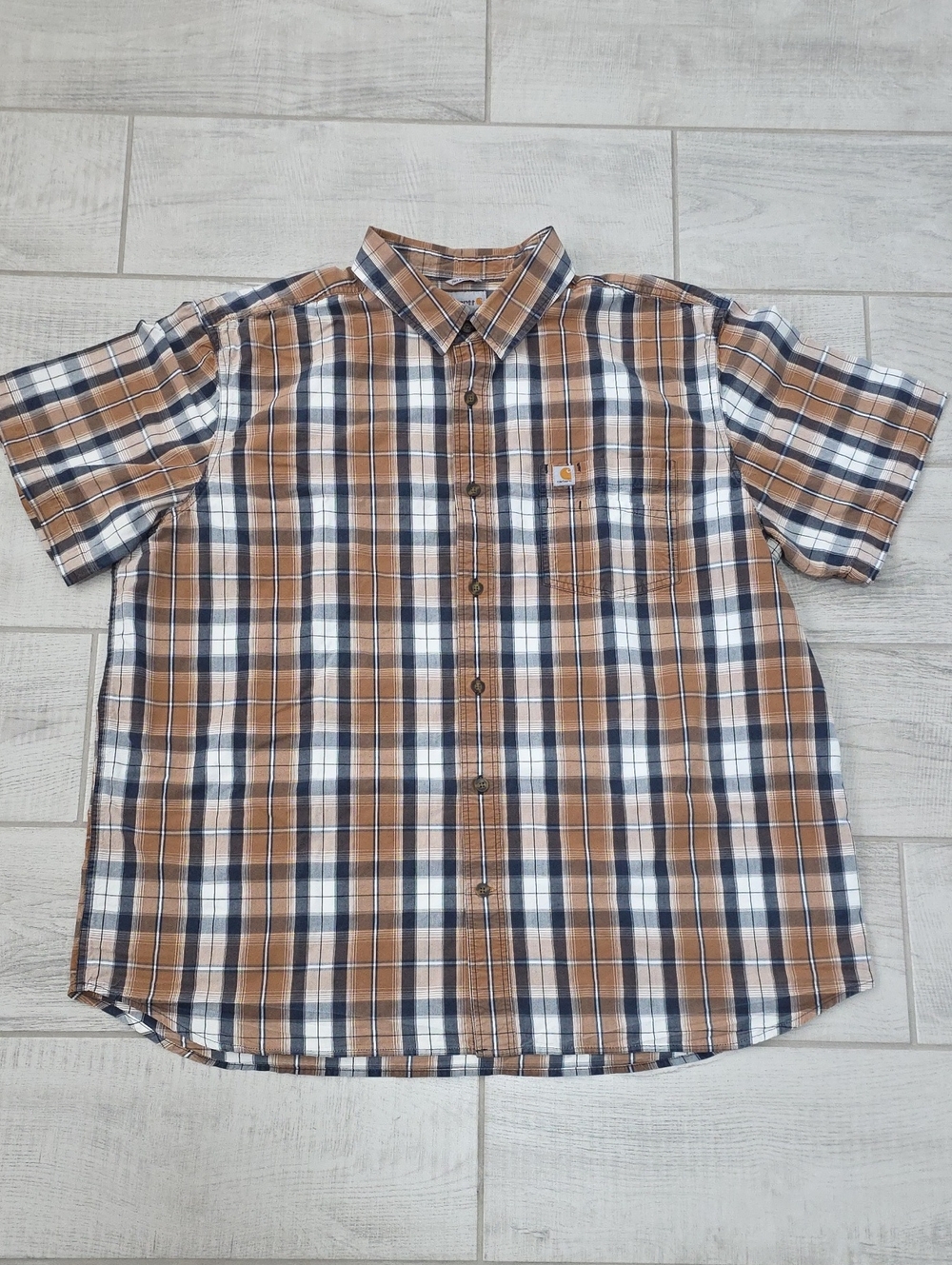 Carhartt Men's Size 2XL Brown/White Plaid Short Sleeve Button Up Workwear Casual